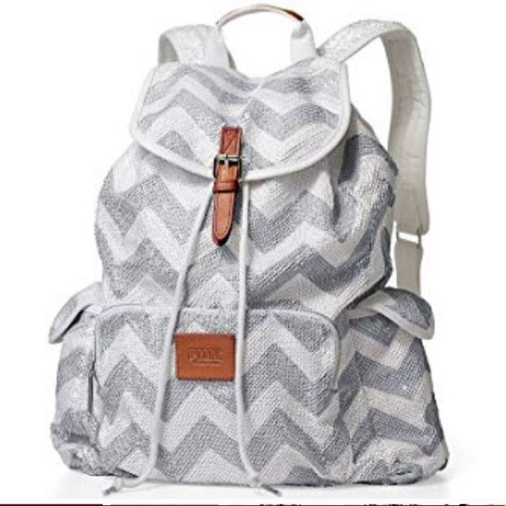 Victoria’s Secret PINK Silver and White Chevron Sequin Backpack